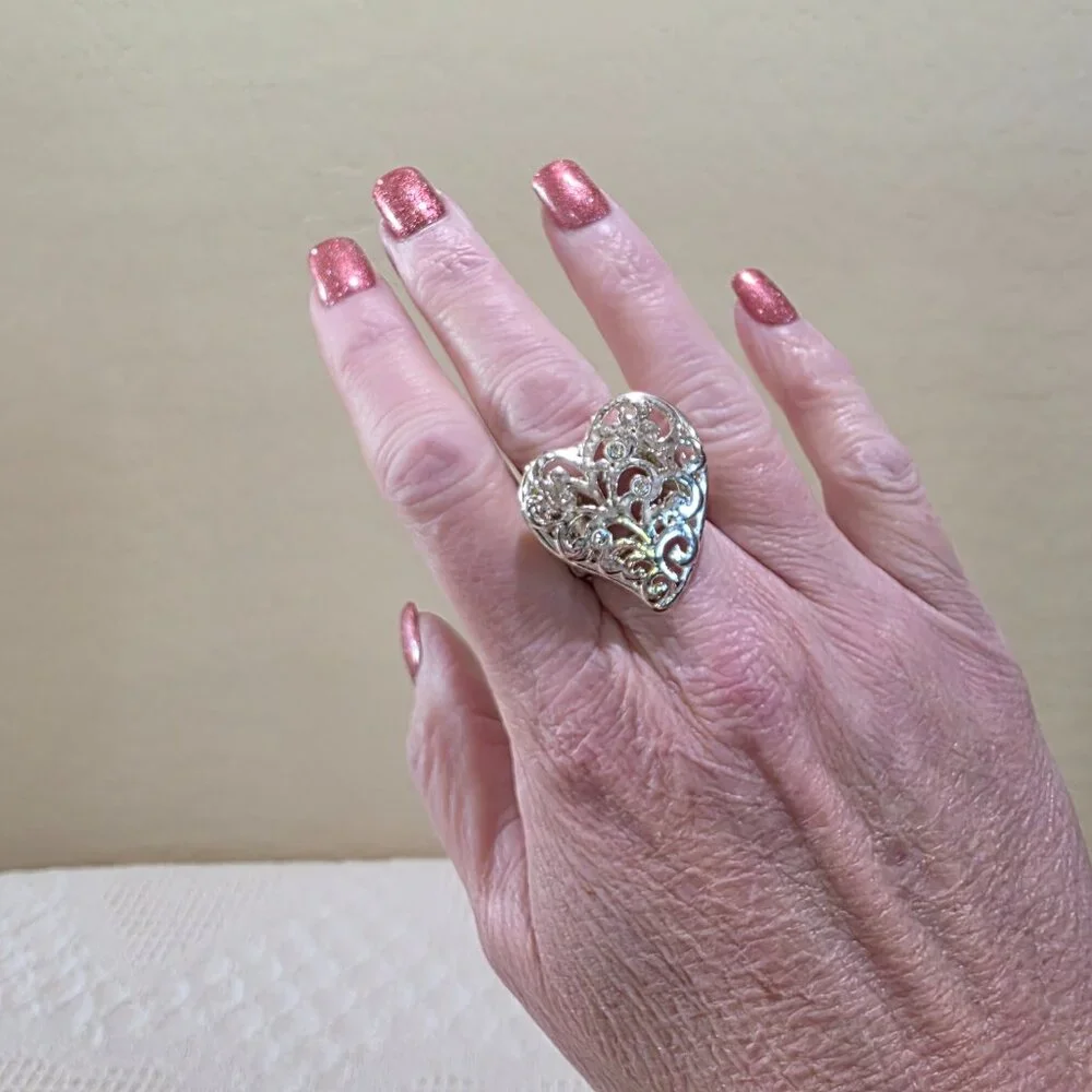 Vintage Silver Filigree Rhinestone Accent HEART Adjustable Fashion Ring SZ 9.5+